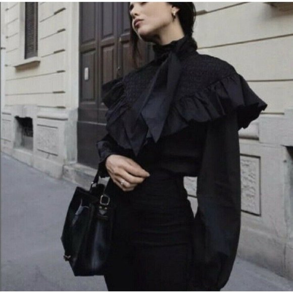 Zara Poplin Blouse Bow Tie Ruffl Black Size Zipper Peasant Top Size Small Womens - Picture 1 of 8